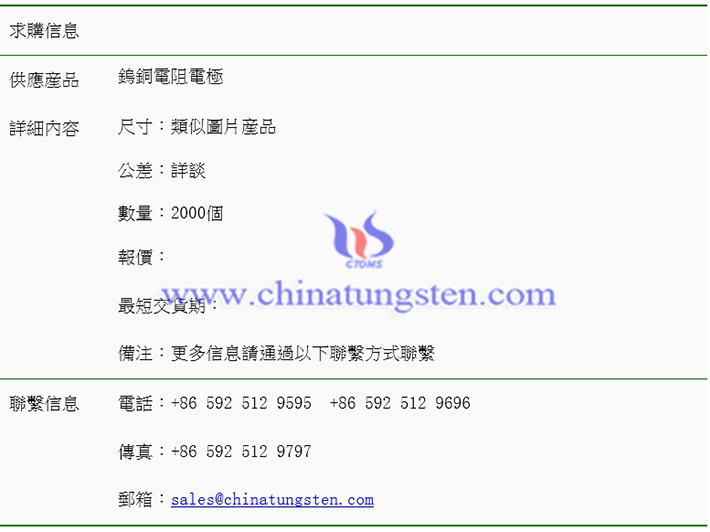 鎢銅電阻電極求購(gòu)表圖片