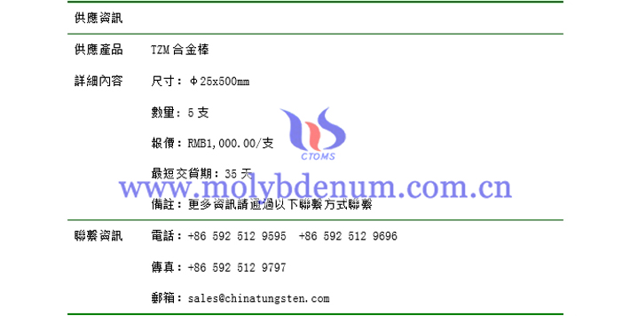 TZM合金棒價(jià)格表圖片