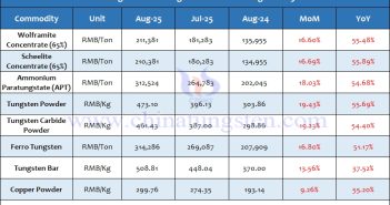 Average Price of Tungsten Products in August 2025
