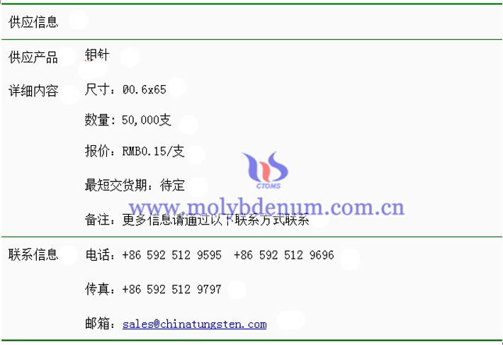 鉬針價(jià)格表圖片